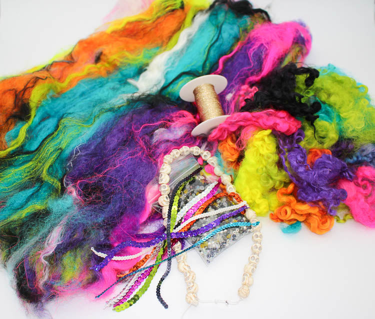 Sugar Skull art yarn fiber kit (batt, locks, beads, and extras)
